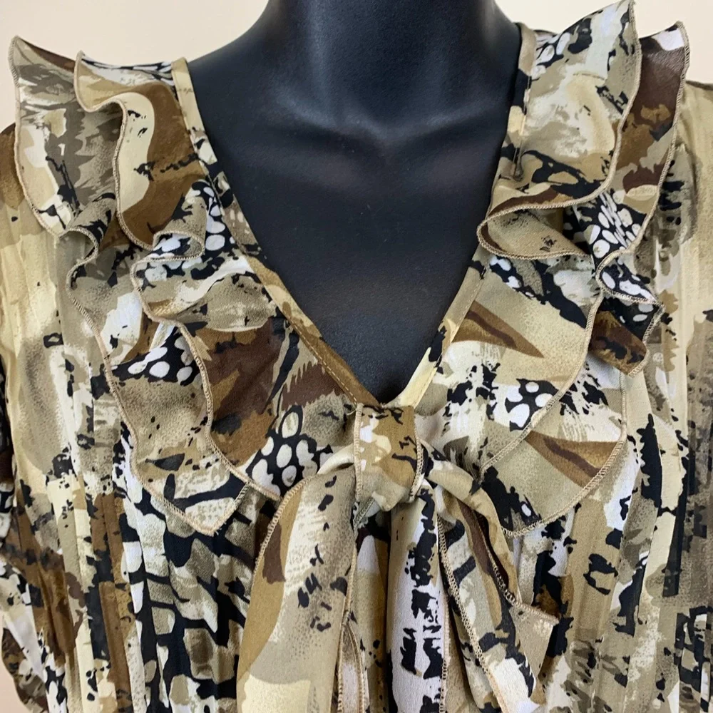 Allison Taylor Sheer Ruffle tie front animal print blouse, size XL